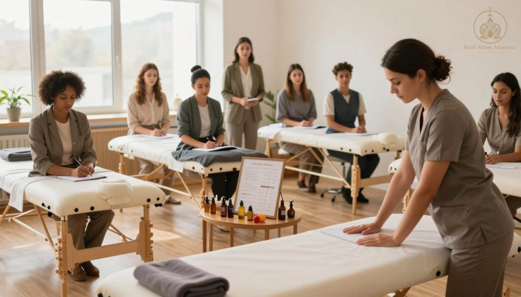 A serene and professional training studio for massage therapists, depicting a diverse group of individuals (in professional business attire) engaged in learning key skills essential for the practice. In the foreground, a trainer demonstrates techniques on a massage table, while a small group of attentive students observes and takes notes. The middle includes various tools of the trade, such as massage oils and instructional charts. The background showcases natural light filtering through large windows, casting a warm glow over the room, highlighting the calm and focused atmosphere. Capture a sense of dedication and professionalism. Include the logo of "Butik Masaj Akademi" subtly in the corner.