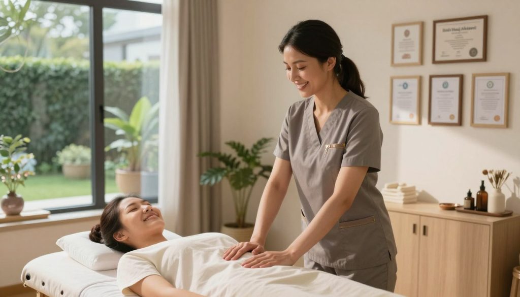 A serene and professional wellness studio environment showcasing a confident massage therapist demonstrating customer trust and satisfaction strategies. In the foreground, a well-dressed female therapist with a friendly smile stands beside a massage table, engaging with a smiling client. The middle-ground features tasteful decor with calming colors, inviting lighting from large windows, and a subtle display of professional certifications on the walls. The background reveals a peaceful garden view outside, further enhancing the sense of tranquility. Soft, natural lighting casts gentle shadows, creating a warm atmosphere. The scene should evoke feelings of trust, satisfaction, and professionalism, highlighting the brand "Butik Masaj Akademi". The composition should be captured at eye-level for an intimate perspective, ensuring clear focus on the therapist and client interaction. A serene and professional wellness studio environment showcasing a confident massage therapist demonstrating customer trust and satisfaction strategies. In the foreground, a well-dressed female therapist with a friendly smile stands beside a massage table, engaging with a smiling client. The middle-ground features tasteful decor with calming colors, inviting lighting from large windows, and a subtle display of professional certifications on the walls. The background reveals a peaceful garden view outside, further enhancing the sense of tranquility. Soft, natural lighting casts gentle shadows, creating a warm atmosphere. The scene should evoke feelings of trust, satisfaction, and professionalism, highlighting the brand "Butik Masaj Akademi". The composition should be captured at eye-level for an intimate perspective, ensuring clear focus on the therapist and client interaction.