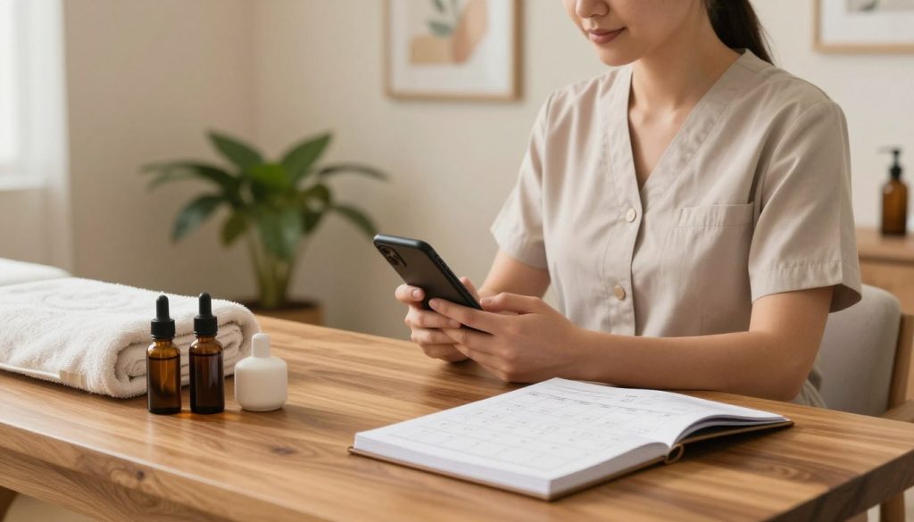A serene and tranquil setting depicting a professional massage therapy appointment setting, emphasizing a well-organized communication space. In the foreground, an elegantly designed wooden table with premium massage oils, a soft towel, and an appointment calendar opened to a scheduling page. The middle layer features a professional-looking therapist dressed in modest, business-casual attire, holding a smartphone, ready to respond to a client inquiry. In the background, a calming room adorned with warm, soft lighting, green plants, and soothing artwork that reflects relaxation. The overall mood should convey professionalism, warmth, and trust, capturing the essence of effective communication in the massage therapy field. Include subtle branding elements of "Butik Masaj Akademi" in the decor, ensuring a cohesive look while maintaining focus on the appointment setting.