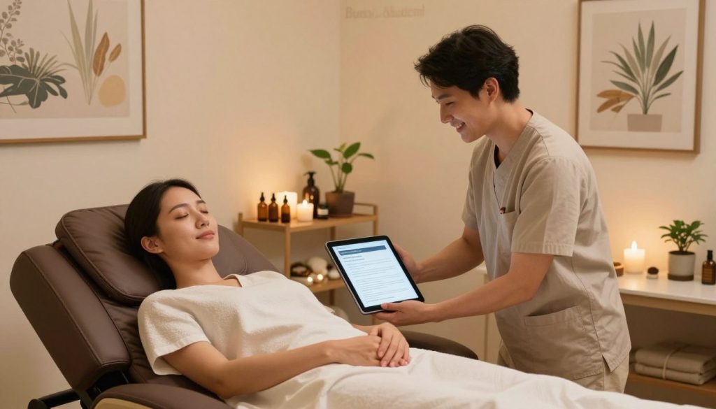 A serene and welcoming massage therapy room, illuminated by soft, warm lighting that creates a calming atmosphere. In the foreground, a professional massage therapist in modest casual attire, smiling and focused, is gently interacting with a client who is seated comfortably on a massage chair, looking relaxed and at ease. The therapist is showing a tablet with a feedback form, suggesting ways to improve the client experience. In the middle, an array of soothing massage tools and essential oils are neatly arranged on a shelf. The background features tranquil artwork and plants that enhance the sense of peace. The brand name "Butik Masaj Akademi" is subtly integrated into the design of the room, emphasizing a high-quality service environment. The overall mood is one of professionalism and comfort, inviting clients to feel valued and well-cared for.
