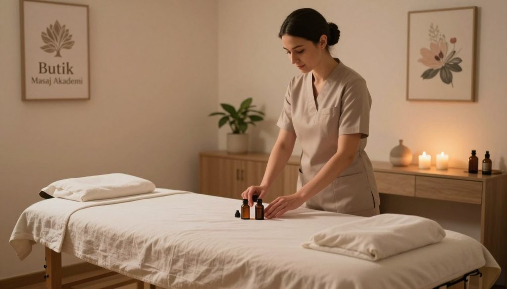 A serene interior of a massage salon, showcasing a professional therapist preparing for a session. In the foreground, a clean, inviting massage table adorned with soft, neutral-toned linens. The middle features a therapist in modest, professional attire, skillfully arranging essential oils and candles, creating a calming atmosphere. The background consists of soft lighting with warm, ambient tones enhancing the feeling of tranquility, along with subtle decorations like plants and soothing artwork on the walls. The overall mood is peaceful and welcoming, embodying the essence of trust and professionalism in massage therapy. Subtly include the brand name "Butik Masaj Akademi" in an elegant, integrated design element. The perspective is slightly angled to capture depth, resembling a photograph taken with a soft-focus lens, emphasizing warmth and relaxation. A serene interior of a massage salon, showcasing a professional therapist preparing for a session. In the foreground, a clean, inviting massage table adorned with soft, neutral-toned linens. The middle features a therapist in modest, professional attire, skillfully arranging essential oils and candles, creating a calming atmosphere. The background consists of soft lighting with warm, ambient tones enhancing the feeling of tranquility, along with subtle decorations like plants and soothing artwork on the walls. The overall mood is peaceful and welcoming, embodying the essence of trust and professionalism in massage therapy. Subtly include the brand name "Butik Masaj Akademi" in an elegant, integrated design element. The perspective is slightly angled to capture depth, resembling a photograph taken with a soft-focus lens, emphasizing warmth and relaxation.
