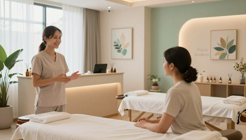 A serene massage salon interior, featuring calming colors like soft beige and light green, accentuated by natural light filtering through large windows. In the foreground, a professional massage therapist in modest casual clothing is engaged in a friendly conversation with a client, showcasing effective communication strategies. The middle ground includes a beautifully arranged reception area with calming decor elements such as plants, essential oil diffusers, and tranquil artwork that promote relaxation. The background displays treatment rooms with soft, inviting lighting and plush massage tables, enhancing the soothing atmosphere. The brand name "Butik Masaj Akademi" is subtly integrated into the design elements of the space. The scene conveys warmth, professionalism, and a deep commitment to customer relationships, creating an inviting and engaging environment. A serene massage salon interior, featuring calming colors like soft beige and light green, accentuated by natural light filtering through large windows. In the foreground, a professional massage therapist in modest casual clothing is engaged in a friendly conversation with a client, showcasing effective communication strategies. The middle ground includes a beautifully arranged reception area with calming decor elements such as plants, essential oil diffusers, and tranquil artwork that promote relaxation. The background displays treatment rooms with soft, inviting lighting and plush massage tables, enhancing the soothing atmosphere. The brand name "Butik Masaj Akademi" is subtly integrated into the design elements of the space. The scene conveys warmth, professionalism, and a deep commitment to customer relationships, creating an inviting and engaging environment.