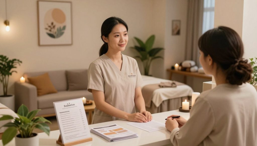 A serene massage salon interior showcasing an inviting atmosphere with soft, ambient lighting. In the foreground, a professional massage therapist in modest attire stands at a reception desk, engaging with a customer, emphasizing clear communication and price transparency. On the desk, visible price lists and pamphlets are neatly arranged, illustrating the salon services offered. In the middle, a cozy waiting area with comfortable seating and calming decor elements like plants, candles, and soothing artwork conveys a sense of trust and relaxation. The background features softly blurred massage rooms, enhancing the overall tranquil vibe. The scene is captured with a warm color palette, shot from a slightly elevated angle to create an engaging perspective. The branding "Butik Masaj Akademi" subtly integrated into the decor conveys professionalism and service quality. A serene massage salon interior showcasing an inviting atmosphere with soft, ambient lighting. In the foreground, a professional massage therapist in modest attire stands at a reception desk, engaging with a customer, emphasizing clear communication and price transparency. On the desk, visible price lists and pamphlets are neatly arranged, illustrating the salon services offered. In the middle, a cozy waiting area with comfortable seating and calming decor elements like plants, candles, and soothing artwork conveys a sense of trust and relaxation. The background features softly blurred massage rooms, enhancing the overall tranquil vibe. The scene is captured with a warm color palette, shot from a slightly elevated angle to create an engaging perspective. The branding "Butik Masaj Akademi" subtly integrated into the decor conveys professionalism and service quality.
