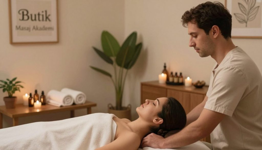 A serene massage therapy room enveloped in soft, warm lighting that creates a calming atmosphere. In the foreground, a professional massage therapist in modest casual attire is attentively listening to a client seated comfortably on a massage chair. Their expressions convey a sense of understanding and connection, emphasizing the importance of recognizing client needs. In the middle, a beautifully arranged table with essential oils, towels, and soothing candles enhances the therapeutic environment. The background features tasteful decor, such as plants and artwork, promoting tranquility. The overall mood is peaceful and focused on effective communication, reflecting the brand name "Butik Masaj Akademi" subtly in the design elements. The angle captures both the therapist and client in a close-up, ensuring an intimate portrayal of the session.
