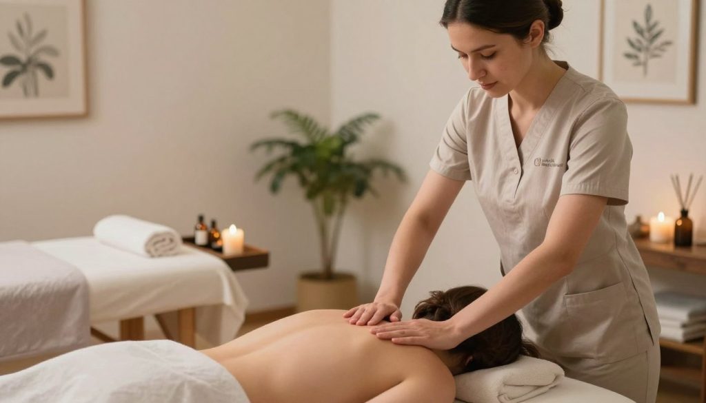 A serene massage therapy room set up for emotional connection techniques. In the foreground, a calm and professional massage therapist, wearing modest, professional attire, gently demonstrates a supportive hand placement on a client's shoulder. The therapist radiates empathy and warmth, creating a welcoming atmosphere. In the middle ground, a soft massage table adorned with soothing linens is visible, alongside calming aromatherapy oils and candles. The background features soft, diffused lighting, enhancing the tranquil ambiance. Gentle plants and serene artwork decorate the environment, promoting relaxation. Capture the essence of emotional bonding and trust in the therapeutic process. Include the brand "Butik Masaj Akademi" subtly integrated into the scene, reflecting professionalism and care.