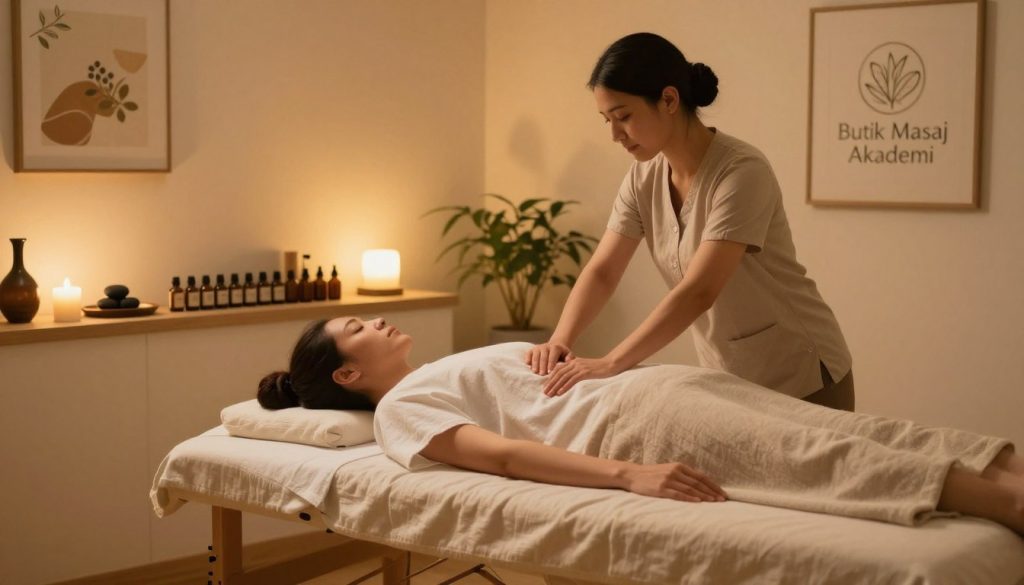 A serene massage therapy room, softly lit with warm golden tones to create a calming atmosphere. In the foreground, a comfortable massage table adorned with clean, neutral-colored linens. A professional massage therapist, dressed in modest casual clothing, is gently applying techniques to a client who is covered and relaxing on the table. In the middle ground, shelves with neatly arranged essential oils and calming stones, adding to the ambiance. The background features soothing artwork and a subtle indoor plant for a touch of nature. The overall mood is tranquil and inviting, emphasizing the importance of session duration in massage therapy. The image reflects the brand "Butik Masaj Akademi," suggesting professionalism and care in massage practice.