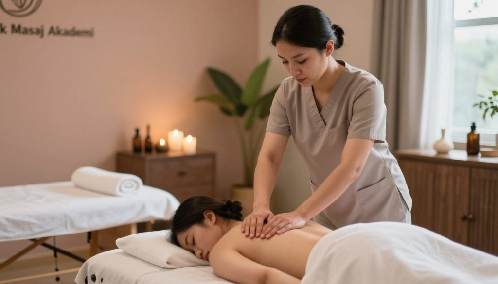 A serene massage therapy studio, featuring a professional massage therapist performing various techniques on a client. The therapist, dressed in modest professional attire, demonstrates a combination of techniques—like Swedish massage and deep tissue therapy—on a massage table. In the foreground, we see the therapist's focused expression and skilled hands applying gentle pressure. The middle background showcases essential massage tools such as oils, towels, and a calming ambiance with soft lighting. The walls are decorated in soothing colors, with plants to enhance relaxation. The atmosphere is tranquil and warm, with natural light filtering through a window, highlighting the peaceful environment. Include "Butik Masaj Akademi" subtly in the scene as part of the studio decor.