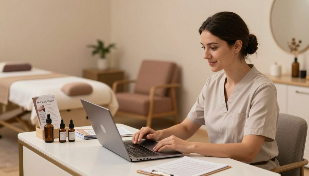 A serene office environment illuminated by soft, warm lighting creates an inviting atmosphere for a massage therapist's consultation. In the foreground, a professional massage therapist, dressed in smart casual attire, is seated at a stylish desk with a laptop open in front of them, thoughtfully composing a response to a client's initial inquiry. The therapist's expression is attentive and friendly, suggesting empathy and professionalism. The middle ground includes essential tools of the trade, such as massage oils and brochures neatly organized on the desk. In the background, a calming massage room is partially visible, decorated with soothing colors and plush furnishings, enhancing the tranquil mood. The overall image conveys a sense of warmth and approachability, reflecting the essence of customer care in the massage therapy field. Branding elements for "Butik Masaj Akademi" subtly integrated into the image's aesthetic.