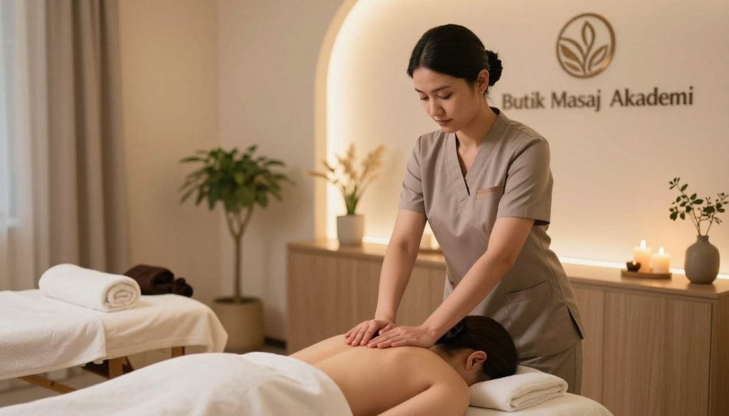 A serene spa and wellness center interior showcasing a skilled licensed massage therapist at work. In the foreground, the therapist, dressed in professional business attire, gently performs a massage on a client lying on a massage table, surrounded by soft, calming earth tones. In the middle ground, elegant decor, including potted plants, candles, and soft towels, enhances the tranquil atmosphere. The background features soft lighting with a warm glow, creating an inviting environment. The scene captures the essence of relaxation and professionalism in the wellness industry. Add the brand name "Butik Masaj Akademi" subtly integrated into the decor without being intrusive. Aim for a high-resolution image with a focus on details, conveying a peaceful, rejuvenating vibe that represents the working environment of a massage therapist.