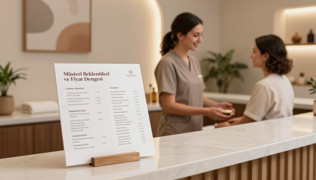 A serene spa environment showcasing a stylish reception desk with a clean, modern aesthetic. In the foreground, an elegant brochure displaying massage rates and customer expectations is prominently featured. The middle ground includes a friendly massage therapist in professional attire, discussing services with a welcoming client. Soft, ambient lighting creates a calm atmosphere, accentuating the earthy tones of the spa decor. In the background, relaxing decor elements like plants and soothing art contribute to the tranquil setting. The image should convey professionalism and serenity, reflecting the concepts discussed in "Müşteri Beklentileri ve Fiyat Dengesi." Incorporate the brand name "Butik Masaj Akademi" subtly in the design of the brochure while ensuring a clean presentation without any text overlays or distractions. A serene spa environment showcasing a stylish reception desk with a clean, modern aesthetic. In the foreground, an elegant brochure displaying massage rates and customer expectations is prominently featured. The middle ground includes a friendly massage therapist in professional attire, discussing services with a welcoming client. Soft, ambient lighting creates a calm atmosphere, accentuating the earthy tones of the spa decor. In the background, relaxing decor elements like plants and soothing art contribute to the tranquil setting. The image should convey professionalism and serenity, reflecting the concepts discussed in "Müşteri Beklentileri ve Fiyat Dengesi." Incorporate the brand name "Butik Masaj Akademi" subtly in the design of the brochure while ensuring a clean presentation without any text overlays or distractions.