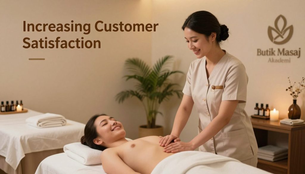 A serene spa environment showcasing the theme of "Increasing Customer Satisfaction". In the foreground, a professional and friendly massage therapist in business attire is engaging with a satisfied client, both smiling warmly. In the middle ground, a tastefully arranged massage room with calming colors, soft lighting, and essential oils on display conveys tranquility. In the background, soothing natural elements like plants and soft, ambient light create a peaceful atmosphere. The overall mood is inviting and relaxing, emphasizing professionalism and care. The brand name "Butik Masaj Akademi" is subtly incorporated into the design of the spa room, blending seamlessly with the decor. Utilize a warm color palette, soft focus lens effect, and gentle lighting to enhance the comforting scene.