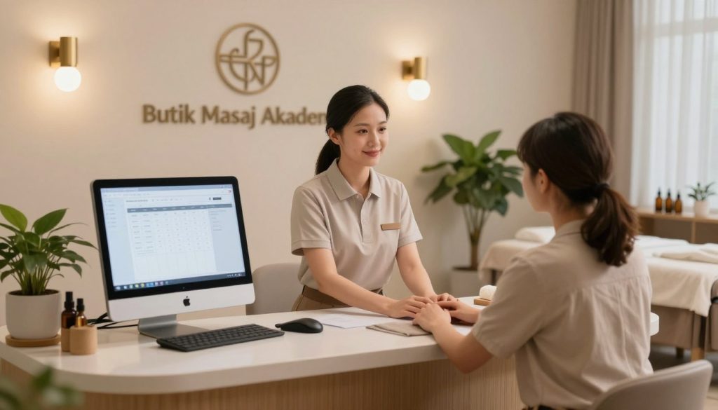 A serene spa reception area designed for massage therapy appointments, featuring a welcoming front desk with a sleek computer system displaying a scheduling interface. In the foreground, a friendly massage therapist in professional attire (such as a neat polo and slacks) is engaged in a consultation with a client, who is dressed in modest casual wear. The middle ground showcases a calming atmosphere with soothing colors, soft lighting from elegant sconces, and potted plants adding to the tranquility. In the background, a glimpse of a tranquil massage room with essential oils and clean linens can be seen. The overall mood is peaceful and organized, emphasizing the importance of effective appointment management in fostering customer loyalty. Include the brand name "Butik Masaj Akademi" subtly in the decor.