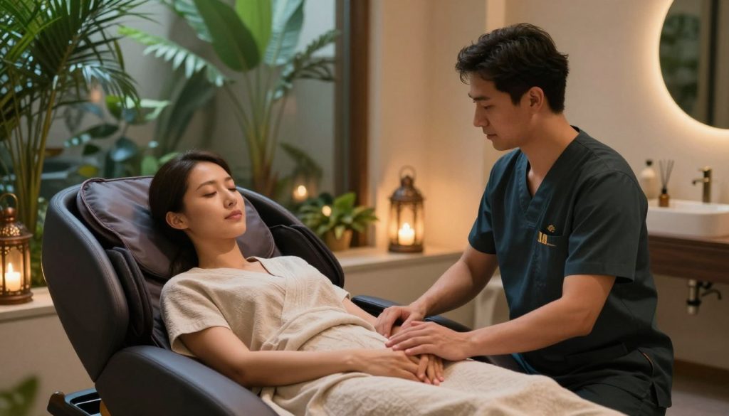 A serene spa therapy scene featuring a professional massage therapist in a calm, inviting atmosphere. In the foreground, the therapist, dressed in smart casual attire, is attentively taking feedback from a satisfied client, who is comfortably seated on a massage chair, radiating relaxation. The middle of the image includes soft, ambient lighting from decorative lanterns and essential oil diffusers, creating a soothing glow. In the background, lush green plants and a tranquil water feature enhance the spa's peaceful vibe. The setting should evoke a sense of professionalism and care, highlighting the importance of communication in customer satisfaction. Include the brand name "Butik Masaj Akademi" subtly integrated into the decor, ensuring it complements the overall ambiance without overpowering it. A serene spa therapy scene featuring a professional massage therapist in a calm, inviting atmosphere. In the foreground, the therapist, dressed in smart casual attire, is attentively taking feedback from a satisfied client, who is comfortably seated on a massage chair, radiating relaxation. The middle of the image includes soft, ambient lighting from decorative lanterns and essential oil diffusers, creating a soothing glow. In the background, lush green plants and a tranquil water feature enhance the spa's peaceful vibe. The setting should evoke a sense of professionalism and care, highlighting the importance of communication in customer satisfaction. Include the brand name "Butik Masaj Akademi" subtly integrated into the decor, ensuring it complements the overall ambiance without overpowering it.