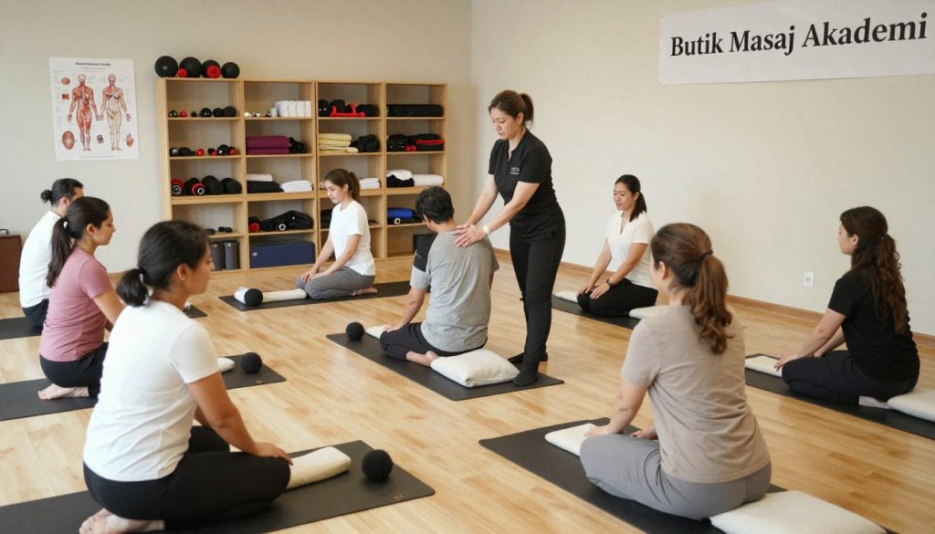 A serene training room for massage therapy, showcasing professional development programs. In the foreground, a diverse group of individuals, dressed in smart casual attire, engage in a hands-on workshop, practicing massage techniques on professional mats. In the middle, an experienced instructor guides the trainees, demonstrating specific methods with clear explanations. The background features shelves filled with anatomy charts and massage equipment, providing a well-organized and academic ambiance. Soft, natural lighting floods the space, creating an inviting and calm atmosphere, while a banner displaying "Butik Masaj Akademi" subtly hangs on the wall. The angle captures the interaction between the instructor and students, emphasizing collaboration and learning in a supportive environment.