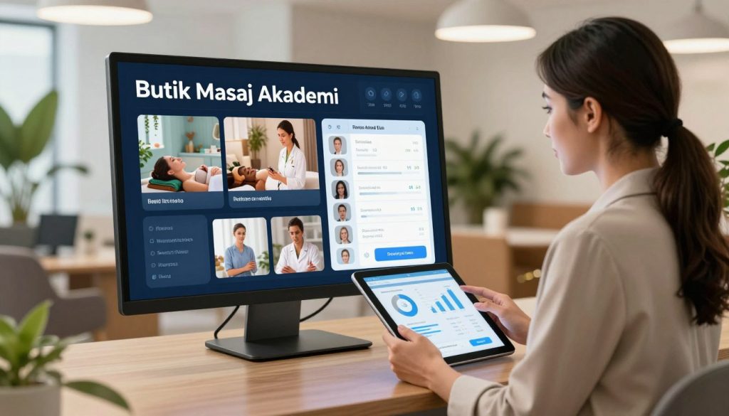 A sleek wellness center automation marketing panel for "Butik Masaj Akademi", prominently displayed in a modern office environment. In the foreground, a professional woman in business attire interacts with a digital tablet, showing graphs and client data, exuding confidence and approachability. The middle of the scene features a glossy, high-tech marketing dashboard, with vibrant visuals of wellness services, clients, and appointment scheduling. The background reveals a calming atmosphere with soft lighting, lush green plants, and contemporary furniture, creating a serene yet professional vibe. The perspective is slightly angled to provide depth, emphasizing the interaction between technology and customer management. The overall mood is one of efficiency, professionalism, and tranquility, ideal for promoting wellness services.