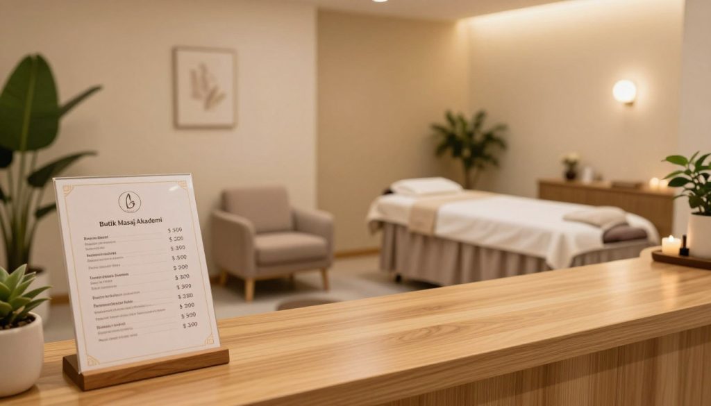 A tranquil and inviting massage salon setting featuring a beautifully arranged reception area with soft lighting and calming decor. In the foreground, a stylish wooden reception desk displays a sleek price list for massage services offered at "Butik Masaj Akademi," highlighting various treatments and their costs. In the middle ground, a serene waiting area with plush chairs and decorative plants creates a relaxing atmosphere. The background features an open massage room with soothing colors, a massage table prepared with clean linens, and ambient lighting enhancing the peaceful vibe. The entire scene is warm and welcoming, inviting viewers to experience a professional and comforting environment. The perspective is slightly angled to give depth, capturing the essence of a high-quality wellness space.