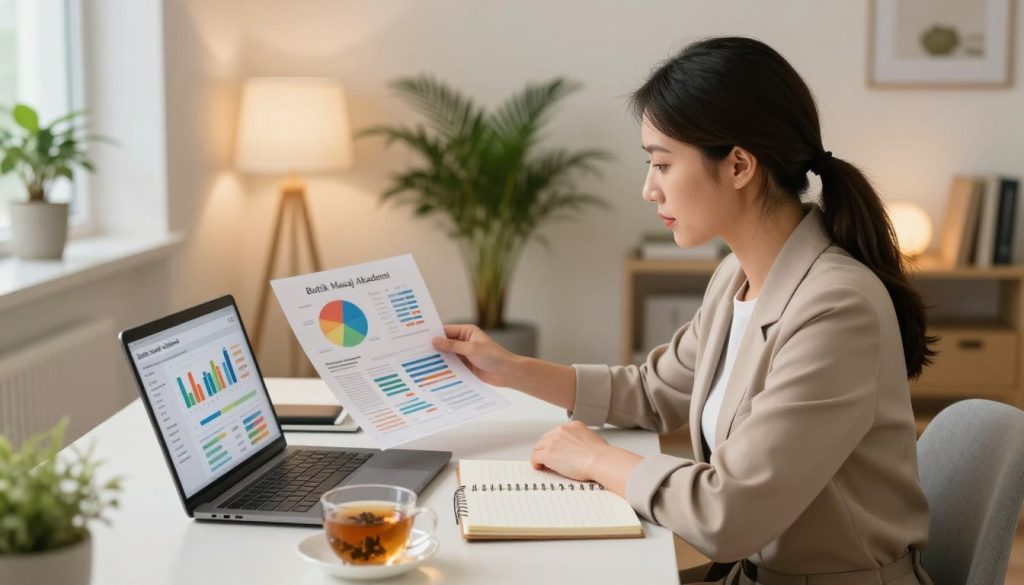 A vibrant and professional workspace dedicated to developing a content strategy for a massage therapy brand, "Butik Masaj Akademi." In the foreground, a focused female professional in smart attire sits at a sleek desk with a laptop open, examining social media analytics. In the middle ground, colorful charts, a notepad filled with strategies, and a cup of herbal tea reflect a calming yet productive atmosphere. The background shows a serene, minimalist office space adorned with soft lighting and a few potted plants, creating a peaceful mood. The overall ambiance suggests professionalism and creativity, emphasizing the importance of content strategy development in the massage therapy industry. The lighting is warm and inviting, enhancing the focused work environment.
