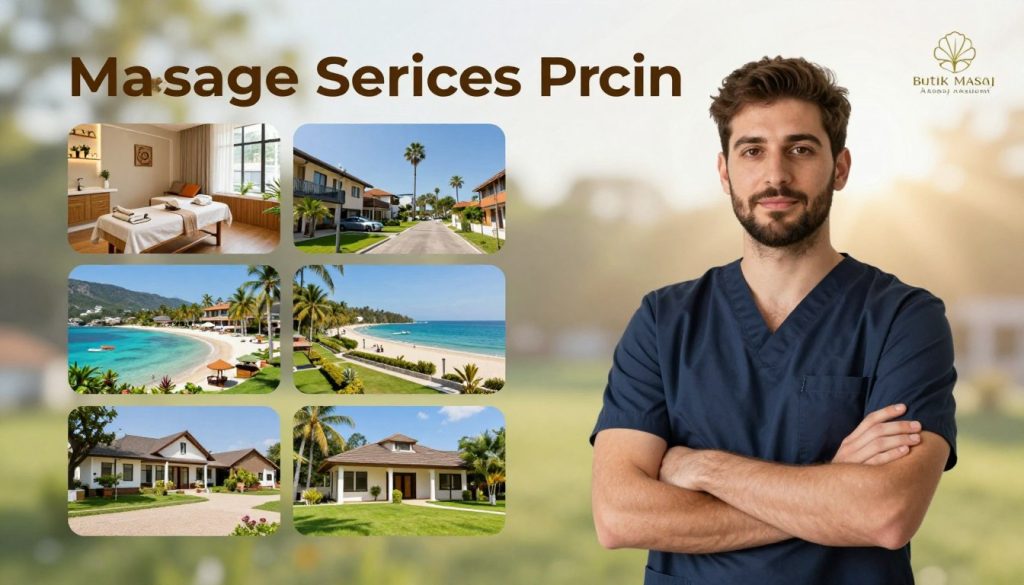 A visually appealing and informative scene depicting the impact of location on massage therapist pricing. In the foreground, a professional massage therapist in smart casual clothing stands confidently with arms crossed, symbolizing expertise. The middle ground includes various locations, like a bustling urban spa, a serene seaside resort, and a tranquil countryside wellness center, showcasing diverse environments. The background features soft, natural lighting to create a calming atmosphere, with gentle sunlight filtering through. The overall mood is professional yet inviting, reflecting the importance of location in service pricing. Include a subtle logo for "Butik Masaj Akademi" at the corner, ensuring it complements rather than distracts from the scene.