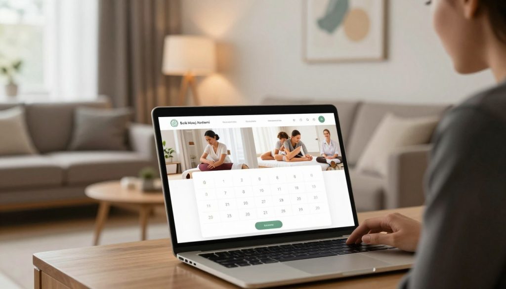 A visually appealing representation of an online massage appointment platform system. In the foreground, a sleek laptop displays a user-friendly interface of the booking platform, featuring professional images of massage therapies and a simple calendar interface. The middle ground features a modern living room setting, with comfortable furnishings and soft ambient lighting, creating a relaxing atmosphere. In the background, a wall with soothing artwork enhances the peaceful vibe. A person in smart business attire sits beside the laptop, focused as they book an appointment. The scene is warm and inviting, emphasizing professionalism and tranquility, with natural light filtering through a nearby window. Include the brand name "Butik Masaj Akademi" subtly integrated into the laptop screen.