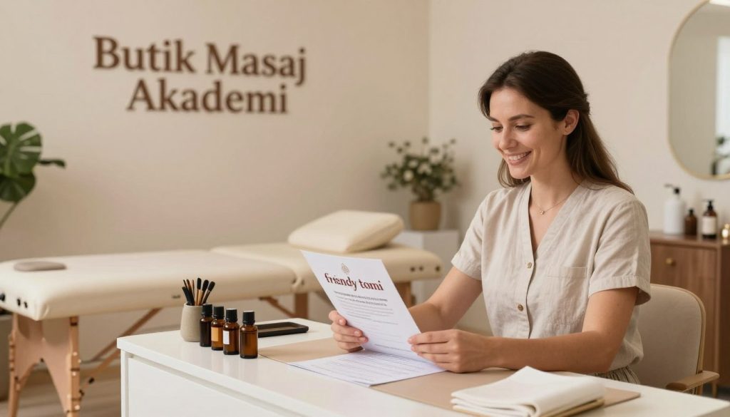 A warm, inviting office space setting designed for a massage therapist, with a softly lit ambiance to create a relaxing atmosphere. In the foreground, a professional looking therapist in modest, casual clothing sits at a stylish desk, preparing promotional materials that highlight the importance of using a friendly tone. The therapist has a welcoming smile, emphasizing sincerity and approachability. In the middle ground, props like soothing essential oils, a gentle fountain, and a comfortable massage table can be seen to enhance the theme of healing and care. The background features soft, calming colors and elegant decor, contributing to a serene vibe. The overall mood is one of professionalism combined with warmth, showcasing trustworthiness in the field. Include the brand name "Butik Masaj Akademi" prominently displayed on a tasteful sign in the workspace.