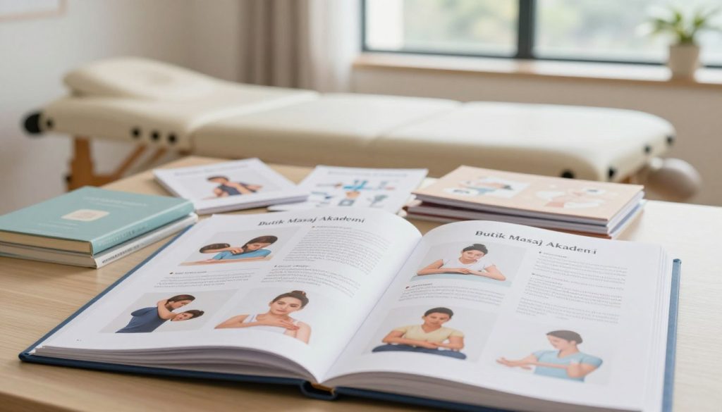 A well-organized and visually appealing training curriculum for a massage therapy program, representing "Butik Masaj Akademi". In the foreground, display an open binder or folder filled with elegant, colorful pages illustrating different massage techniques and diagrams. The middle ground should show a serene classroom setting, with a comfortable massage table and a few well-organized training materials neatly arranged. In the background, soft natural lighting filters through large windows, creating a calm and inviting atmosphere conducive to learning. The scene captures a sense of professionalism and tranquility, with no human subjects present, to maintain focus on the educational materials. This composition should effectively convey the theme of evaluating an educational curriculum for aspiring massage therapists.