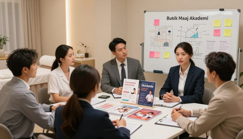A well-organized marketing strategy for a massage therapy business is illustrated in this image. In the foreground, a group of diverse, professional individuals in business attire are actively engaged in a brainstorming session around a whiteboard filled with colorful post-it notes and marketing charts. The middle ground features neatly arranged marketing materials, such as brochures and flyers promoting discount campaigns. In the background, an elegant, calming spa interior can be seen, with soft lighting that creates a relaxed ambiance. The color palette is warm and inviting, emphasizing professionalism and creativity. The logo of "Butik Masaj Akademi" subtly integrated into one corner of the workspace. This scene captures the essence of strategic planning for discount and promotional campaigns in the massage industry.
