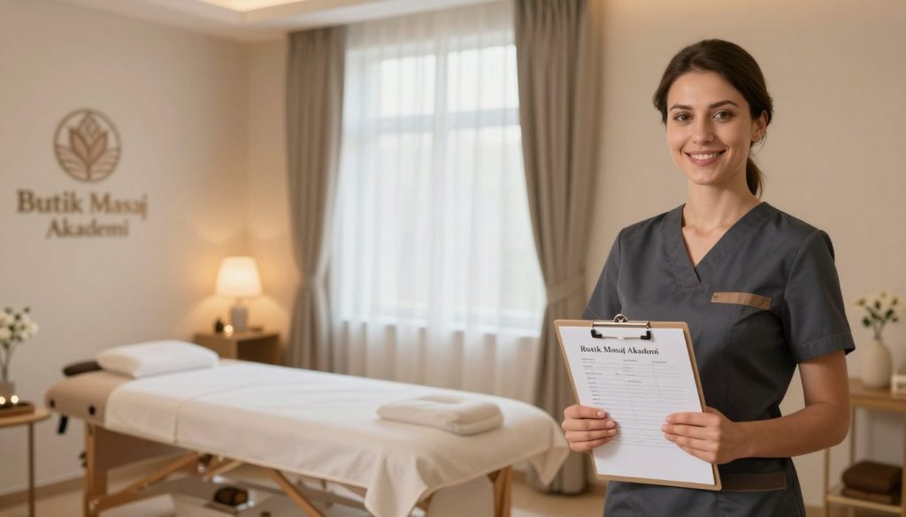 An elegant and professional setting for a massage salon advertisement, featuring a serene, softly-lit interior that conveys relaxation and tranquility. In the foreground, a well-dressed female massage therapist, wearing a smart casual outfit, stands confidently with a welcoming smile, holding a clipboard with massage appointment details. The middle-ground showcases a beautifully arranged massage therapy room, equipped with a padded massage table, soothing decor, and gentle ambient lighting. The background includes large windows with sheer curtains allowing natural light to filter in, enhancing the calming atmosphere. Incorporate the brand name "Butik Masaj Akademi" subtly into the scene through tasteful decoration on the wall. The mood is peaceful and inviting, reflecting the essence of effective advertisement writing for a massage salon.
