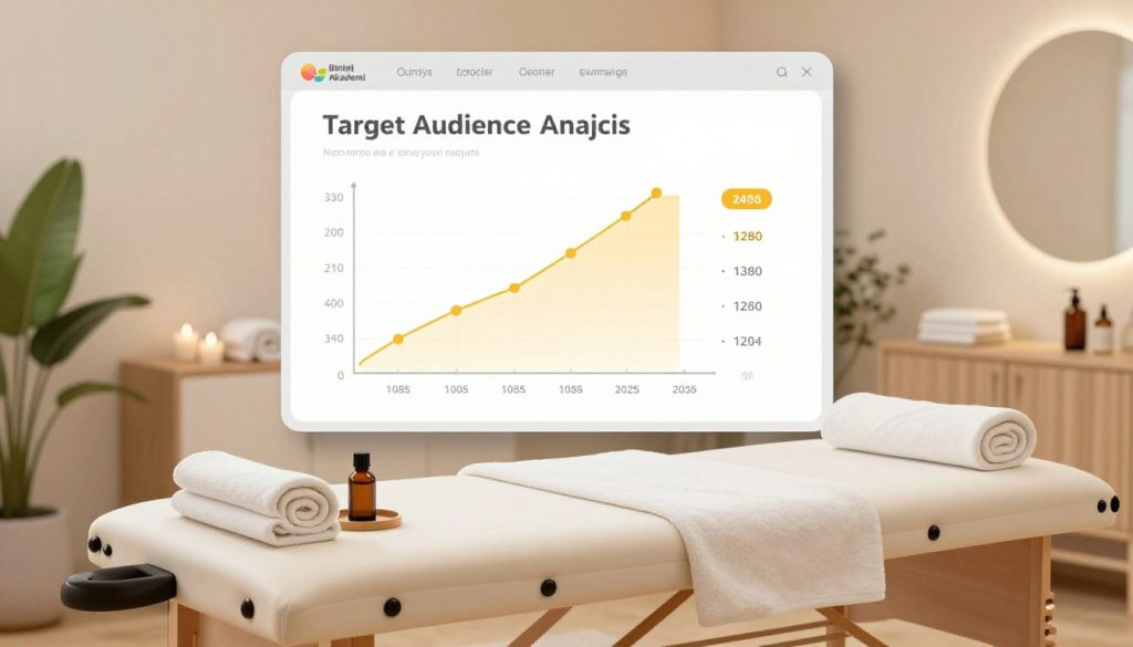 Create an engaging illustration that encapsulates the essence of "home massage service pricing and target audience analysis" for a professional article. In the foreground, depict a well-organized workspace with a modern massage table, neatly folded towels, and essential oils, radiating a sense of tranquility. In the middle ground, include a graph or chart showcasing pricing structures and demographic insights about potential clients using clear, simple designs. The background should feature a calming spa-like environment, with soft lighting and plants that promote relaxation. Use warm colors to evoke a welcoming atmosphere. The scene should reflect professionalism, with no human figures present, and comply with safe work standards. Incorporate the branding of "Butik Masaj Akademi" subtly into the design elements.
