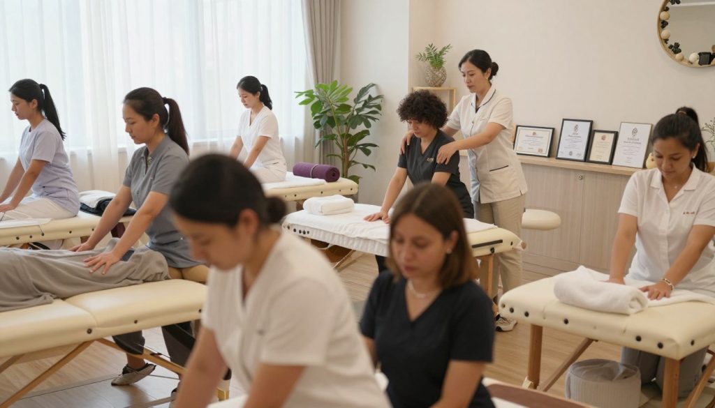 Create an image depicting a serene and inviting massage training environment, showcasing a diverse group of aspiring massage therapists engaged in a hands-on workshop. In the foreground, include close-up views of students in professional attire practicing techniques on massage tables, their faces reflecting concentration and enthusiasm. The middle layer should feature a skilled instructor guiding them, surrounded by educational materials and certificates highlighting "Butik Masaj Akademi." The background should display large windows letting in soft, natural light, enhancing the calm atmosphere with plants and massage-related decor. Capture this scene from a slightly elevated angle for a comprehensive view, evoking a sense of professionalism, warmth, and dedication to learning in massage therapy.