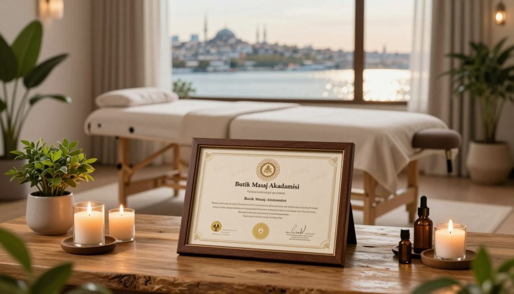 A beautifully arranged spa setting featuring a distinguished diploma from "Butik Masaj Akademisi" prominently displayed in the foreground. The diploma is elegantly framed and rests on a rustic wooden desk surrounded by calming elements like scented candles, massage oils, and lush greenery. In the middle ground, a serene massage room can be seen, complete with a massage table draped in soft linens and gentle lighting that creates a tranquil atmosphere. The background features a peaceful view of Istanbul's skyline through a large window, with the Bosphorus glistening in the distance, bathed in warm sunlight. The overall mood of the image is calming and professional, reflecting the advantages of having a massage certification in Istanbul, emphasizing tranquility and expertise in the wellness industry. A beautifully arranged spa setting featuring a distinguished diploma from "Butik Masaj Akademisi" prominently displayed in the foreground. The diploma is elegantly framed and rests on a rustic wooden desk surrounded by calming elements like scented candles, massage oils, and lush greenery. In the middle ground, a serene massage room can be seen, complete with a massage table draped in soft linens and gentle lighting that creates a tranquil atmosphere. The background features a peaceful view of Istanbul's skyline through a large window, with the Bosphorus glistening in the distance, bathed in warm sunlight. The overall mood of the image is calming and professional, reflecting the advantages of having a massage certification in Istanbul, emphasizing tranquility and expertise in the wellness industry.