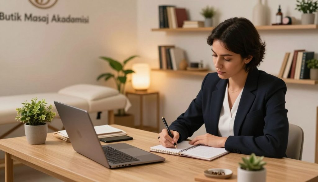 A calm and inviting workspace dedicated to massage therapy, showcasing a well-organized desk with a laptop and notepad. In the foreground, a professional-looking person in smart business attire is writing tips for creating effective profiles, with a focused expression. The middle ground features a cozy, softly lit room with plants and soothing décor, emphasizing relaxation. The background includes shelves lined with books about massage techniques and wellness. Warm, soft lighting creates a tranquil atmosphere, evoking a sense of professionalism and expertise. The image subtly incorporates the brand name "Butik Masaj Akademisi" in the decor. The angle is slightly elevated, capturing the essence of creativity and focus in profile writing.