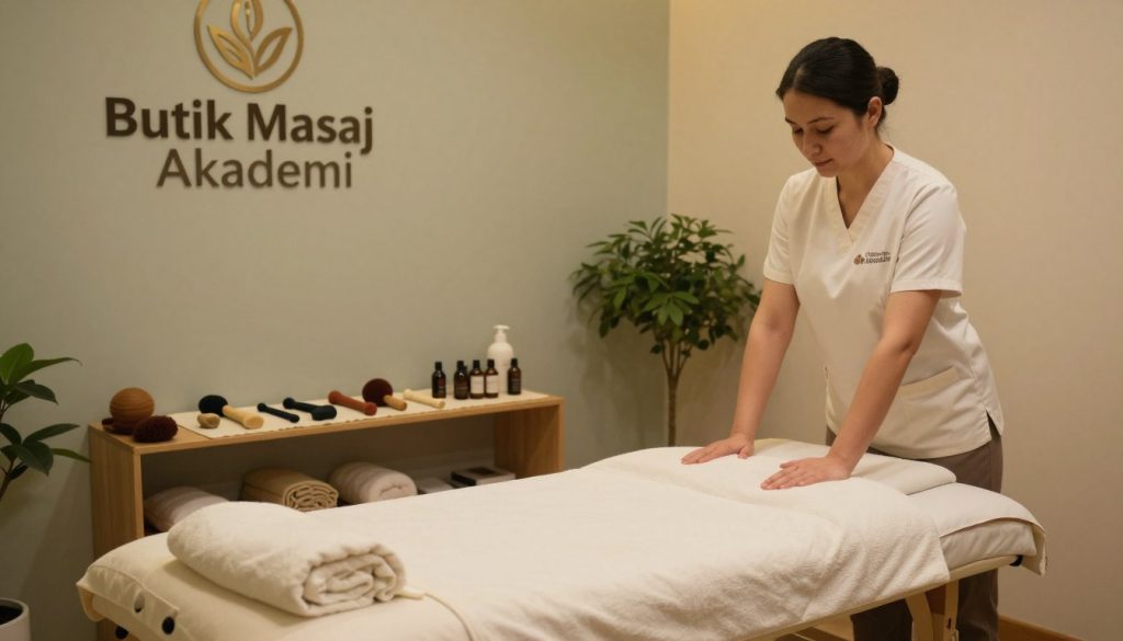 A calm and serene massage therapy room, featuring a well-organized space that emphasizes ergonomics and client safety. In the foreground, a professionally dressed massage therapist demonstrates proper posture while preparing a treatment table with soft linens and essential oils. The middle ground highlights safety equipment, including a non-slip mat and a variety of massage tools placed neatly on a shelf. The background shows soothing, muted colors on the walls, with some plants for a tranquil ambiance. Soft, warm lighting illuminates the room, creating a welcoming atmosphere. The composition captures the essence of professional care and safety in massage therapy, highlighting "Butik Masaj Akademi" as a trusted brand in the field.