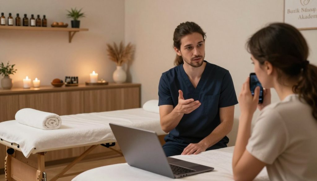 A calm and serene massage therapy room in Bakırköy, showcasing a professional therapist dressed in smart casual attire, expertly managing a client's appointment amidst a moment of crisis communication. In the foreground, the therapist is seated with a laptop, engaged in a focused conversation with a client via a mobile device, ensuring clear and empathetic communication. The middle ground features a massage table adorned with fresh towels and soothing aromatherapy candles, while soft ambient lighting illuminates the space, creating a relaxing atmosphere. In the background, shelves display essential oils and relaxation tools. The overall mood is professional yet tranquil, emphasizing the importance of effective communication in stressful moments. The brand name "Butik Masaj Akademi" subtly integrates into the decor.