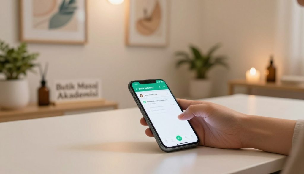 A clean, professional workspace setting for a massage therapy appointment, featuring a neatly arranged desk with a smartphone displaying the WhatsApp interface. In the foreground, a hand gracefully types a respectful message, showcasing professionalism in communication. The middle scene includes calming decor such as plants and soothing artwork on the wall, reflecting a tranquil atmosphere. Soft, diffused lighting casts a warm glow over the entire scene, emphasizing the inviting nature of the space. In the background, the brand name "Butik Masaj Akademisi" is subtly integrated into a decorative piece, creating a cohesive brand presence. The overall mood should convey respect, professionalism, and clarity in communication, suitable for clients seeking massage therapy services.