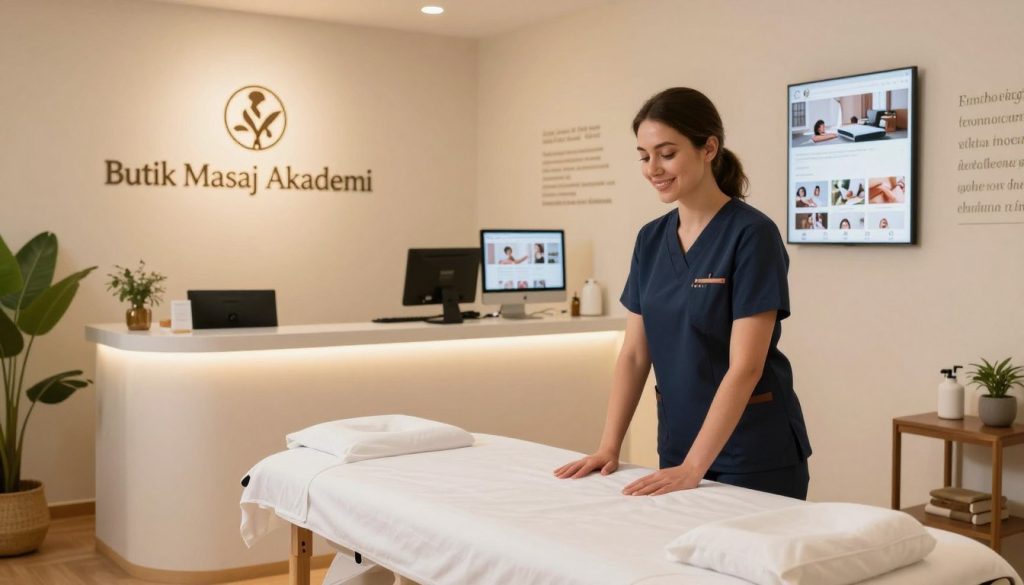 A modern and inviting interior setting of a professional massage therapy studio, showcasing a warm and tranquil atmosphere. In the foreground, a confident and approachable female massage therapist in professional attire stands beside a neatly arranged treatment table, smiling. In the middle, a well-lit reception area displays the brand name "Butik Masaj Akademi" prominently on an elegant sign. Soft lighting creates a calming ambiance, with plants and soothing decor enhancing the relaxing environment. In the background, a computer monitor displays a well-designed social media page with images of services, while motivational quotes about wellness subtly decorate the walls. The angle is slightly tilted downward from above, capturing both the therapist's welcoming demeanor and the serene setting, creating an inspiring visual that underscores effective online presence.