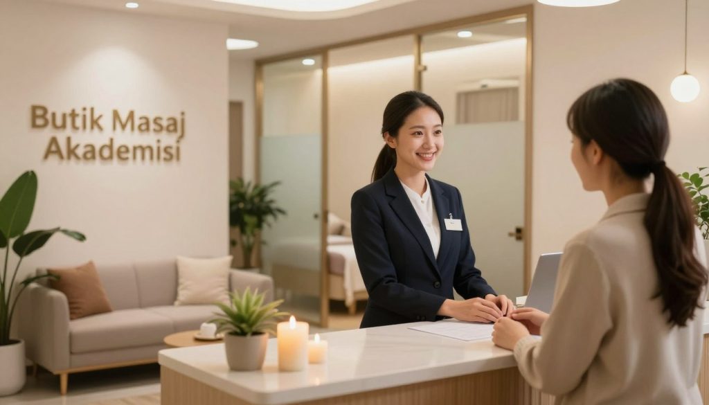 A modern and inviting massage salon reception area, showcasing the brand "Butik Masaj Akademisi". In the foreground, a friendly receptionist in professional business attire interacts with a customer, demonstrating a welcoming and respectful communication style. The middle ground features a cozy seating area with calming decor, soft candles, and green plants, enhancing a serene atmosphere. The background reveals softly lit massage rooms through frosted glass partitions, conveying professionalism and privacy. Warm, natural lighting creates an inviting ambiance, emphasizing the salon's commitment to customer care. The angle captures the entire scene harmoniously, focusing on the interaction and the salon's serene yet professional environment, embodying the theme of respectful communication methods in the massage industry.