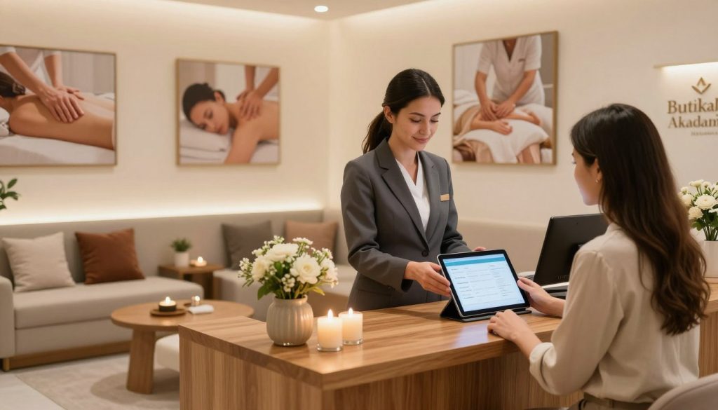 A modern and inviting spa reception area, featuring a sleek booking desk made of warm wood, adorned with fresh flowers and soft candles. In the foreground, a professional spa manager dressed in smart business attire warmly interacts with a customer while showing them a digital appointment system on a tablet. The middle ground showcases comfortable seating with plush cushions and serene decor, creating a peaceful atmosphere. In the background, calming images of massage and relaxation techniques grace the walls, evoking a sense of tranquility. Soft, diffused lighting casts a warm glow throughout the space. The brand name "Butik Masaj Akademisi" subtly integrated into the decor underscores the professional quality of the spa. This composition reflects an organized and inviting ambiance for appointment management at the Bakırköy spa, emphasizing the theme of customer care and booking discipline.