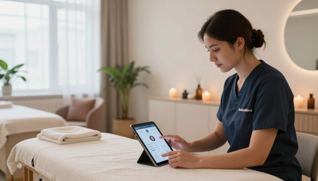 A modern massage therapy center scene showcasing "Butik Masaj Akademi" in Beşiktaş. In the foreground, a professional therapist dressed in smart casual attire is engaging with social media on a tablet, demonstrating strategic techniques for digital visibility. In the middle ground, stylish massage therapy rooms are visible, featuring serene decor, soft colors, and relaxing elements like candles and plants, conveying a peaceful atmosphere. The background includes large windows allowing soft, natural light to flood the space, creating an inviting ambiance. The overall mood is professional yet calming, reflecting a successful integration of social media in wellness and relaxation.