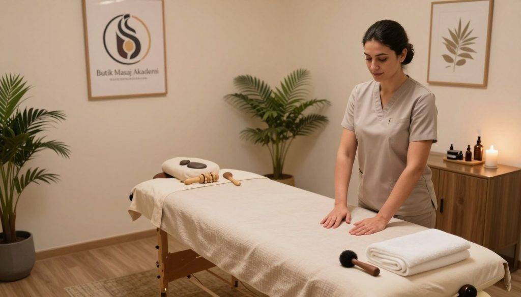 A professional Beşiktaş massage therapist in a serene, inviting therapy room, showcasing an array of massage tools and essential oils. The foreground features a therapist, dressed in smart, modest casual attire, demonstrating a welcoming pose. In the middle ground, a massage table adorned with soft, neutral-colored linens, surrounded by soothing decor like plants and calming artwork. The background has softly diffused lighting, creating a warm and tranquil atmosphere. A logo for "Butik Masaj Akademi" is subtly integrated into the decor, emphasizing a commitment to well-being and local service. The scene should convey professionalism and warmth, encouraging relaxation and trust in wellness services. The angle is slightly overhead, highlighting the space while keeping the focus on the therapist and the inviting environment.