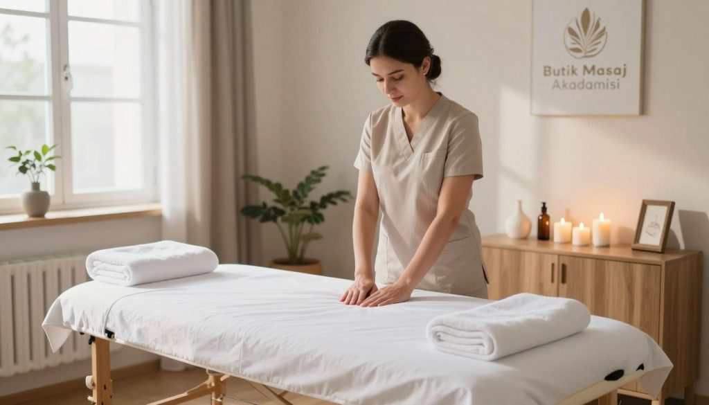 A professional and clean workspace for a massage therapist, showcasing a well-organized treatment room. In the foreground, a neatly arranged massage table with fresh linens, essential oils, and clean towels. The middle ground features a therapist in modest, professional attire, demonstrating the importance of proper presentation, surrounded by relaxing elements like candles and serene decor. The background includes soft, natural lighting streaming through a window, casting gentle shadows that create a calm atmosphere. The overall mood is one of professionalism and tranquility, emphasizing the theme of common errors in massage therapist profiles. Highlight the brand name "Butik Masaj Akademisi" subtly as part of the decor, ensuring it fits cohesively into the scene.