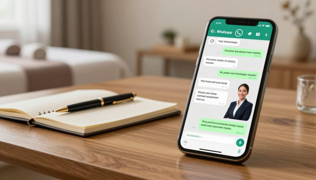 A professional and engaging composition depicting a WhatsApp messaging interface focused on massage reservation strategies. In the foreground, showcase a well-organized smartphone on a sleek, wooden desk displaying an open WhatsApp chat conversation with a customer service representative. The representative, in professional attire, is responding with clear, concise messages about booking options. In the middle, add an aesthetically pleasing notebook and a stylish pen, symbolizing planning and strategy. The background features a calming massage therapy room with soft lighting, muted colors, and elegant decor. The atmosphere conveys professionalism and warmth, inviting customers to engage. Incorporate the logo of "Butik Masaj Akademisi" subtly in the corner of the image. Aim for a clean, organized look with a focus on effective communication and customer service. A professional and engaging composition depicting a WhatsApp messaging interface focused on massage reservation strategies. In the foreground, showcase a well-organized smartphone on a sleek, wooden desk displaying an open WhatsApp chat conversation with a customer service representative. The representative, in professional attire, is responding with clear, concise messages about booking options. In the middle, add an aesthetically pleasing notebook and a stylish pen, symbolizing planning and strategy. The background features a calming massage therapy room with soft lighting, muted colors, and elegant decor. The atmosphere conveys professionalism and warmth, inviting customers to engage. Incorporate the logo of "Butik Masaj Akademisi" subtly in the corner of the image. Aim for a clean, organized look with a focus on effective communication and customer service.