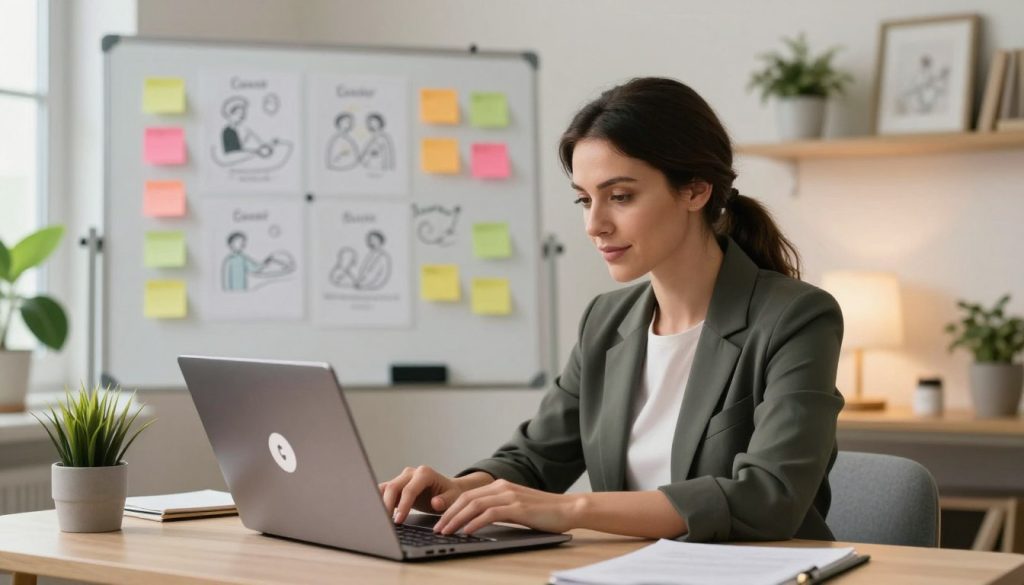A professional and engaging setting depicting a social media strategy for a massage therapist from "Butik Masaj Akademisi". Foreground features a confident, professional massage therapist in smart casual attire, sitting at a stylish desk. She is analyzing content ideas on a sleek laptop, with social media icons visible on the screen. In the middle ground, an organized whiteboard contains colorful post-it notes and sketches outlining a content strategy, symbolizing creativity. The background shows a serene, well-decorated office with calming decor, including plants and soft lighting that radiates a warm, inviting atmosphere. The image employs soft natural light for an uplifting mood, captured with a focus on the massage therapist's engaged expression, framed at eye level for an intimate and impactful perspective.