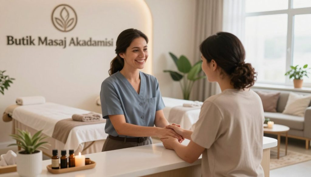 A professional and inviting image showcasing a massage therapy studio in Maltepe, emphasizing customer relations and communication. In the foreground, a friendly receptionist in smart casual attire is engaging with a client, both smiling and conveying warmth. In the middle ground, a serene massage room with soft ambient lighting, soothing colors, and calming decor includes elements like essential oils, candles, and plush towels. The background features a tranquil waiting area with comfortable seating and plants, inviting relaxation. Ensure a bright, natural light source coming from a window, creating a welcoming atmosphere. The scene should radiate professionalism and trust, subtly incorporating the brand name "Butik Masaj Akademisi" in the decor, without any text overlays. A professional and inviting image showcasing a massage therapy studio in Maltepe, emphasizing customer relations and communication. In the foreground, a friendly receptionist in smart casual attire is engaging with a client, both smiling and conveying warmth. In the middle ground, a serene massage room with soft ambient lighting, soothing colors, and calming decor includes elements like essential oils, candles, and plush towels. The background features a tranquil waiting area with comfortable seating and plants, inviting relaxation. Ensure a bright, natural light source coming from a window, creating a welcoming atmosphere. The scene should radiate professionalism and trust, subtly incorporating the brand name "Butik Masaj Akademisi" in the decor, without any text overlays.