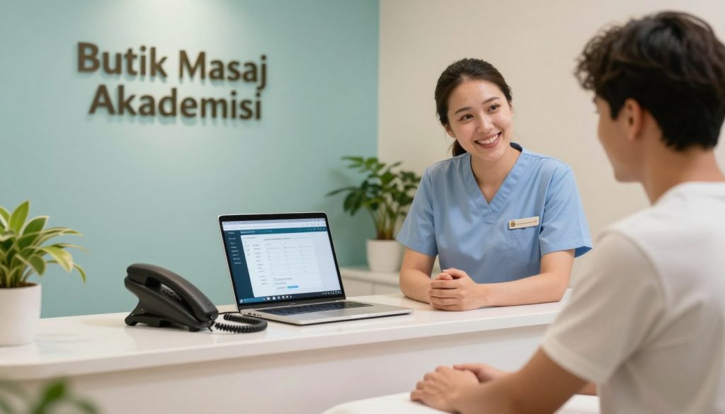 A professional and inviting interior of a massage therapy center, titled "Butik Masaj Akademisi". In the foreground, a friendly massage therapist in professional attire is engaging with a client, illustrating effective communication. In the middle, a sleek reception desk displays various communication channels: a telephone, a laptop open with a chat window, and a digital schedule, emphasizing appointment booking. The background features calming decor with soft lighting, showcasing serene colors like soft blues and greens, and plants providing a relaxing atmosphere. The scene should convey a sense of warmth and professionalism, highlighting the importance of first responses in customer communication. Capture from an angle that focuses on both the therapist and the communication tools, creating an inviting and informative vibe. A professional and inviting interior of a massage therapy center, titled "Butik Masaj Akademisi". In the foreground, a friendly massage therapist in professional attire is engaging with a client, illustrating effective communication. In the middle, a sleek reception desk displays various communication channels: a telephone, a laptop open with a chat window, and a digital schedule, emphasizing appointment booking. The background features calming decor with soft lighting, showcasing serene colors like soft blues and greens, and plants providing a relaxing atmosphere. The scene should convey a sense of warmth and professionalism, highlighting the importance of first responses in customer communication. Capture from an angle that focuses on both the therapist and the communication tools, creating an inviting and informative vibe.