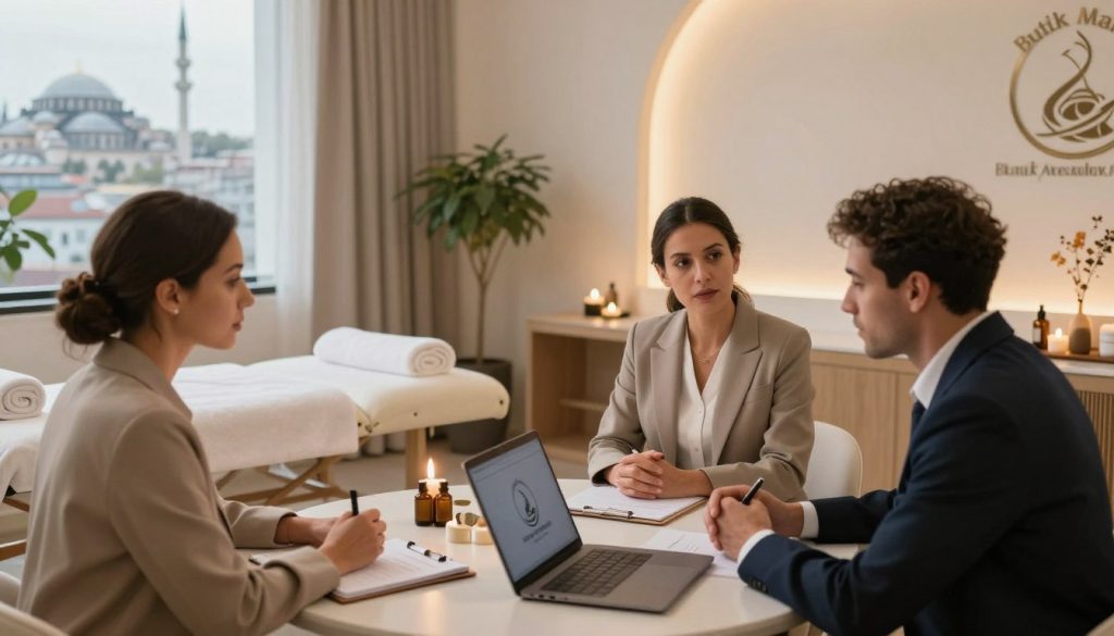 A professional and serene spa setting in Istanbul, with an elegant massage therapy room featuring soft, ambient lighting and soothing colors. In the foreground, a diverse group of three individuals in professional business attire is engaged in a strategy brainstorming session, with notepads and a modern laptop on a table. The middle ground showcases relaxing spa elements like aromatic oils, soft towels, and calming plants. In the background, a window reveals a glimpse of Istanbul's iconic skyline, hinting at the city's rich culture. The atmosphere is focused and motivational, reflecting the theme of job search strategies for aspiring massage therapists. Include the logo for "Butik Masaj Akademisi" subtly integrated into the scene.