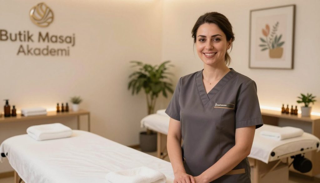 A professional female massage therapist poses confidently in a bright, elegantly designed massage studio in Ataşehir. She is dressed in a stylish, modest uniform, embodying a warm and inviting atmosphere. In the foreground, her welcoming smile reflects professionalism and expertise. The middle ground features a well-organized massage table with plush linens and soothing essential oils neatly arranged. The background showcases soft, ambient lighting that enhances the serene environment, with potted plants and calming artwork on the walls. The image captures a close-up angle emphasizing the therapist’s approachability and the tranquility of the space. This setting represents the essence of 'Butik Masaj Akademi', highlighting the importance of photography in portraying a professional image in the massage industry. A professional female massage therapist poses confidently in a bright, elegantly designed massage studio in Ataşehir. She is dressed in a stylish, modest uniform, embodying a warm and inviting atmosphere. In the foreground, her welcoming smile reflects professionalism and expertise. The middle ground features a well-organized massage table with plush linens and soothing essential oils neatly arranged. The background showcases soft, ambient lighting that enhances the serene environment, with potted plants and calming artwork on the walls. The image captures a close-up angle emphasizing the therapist’s approachability and the tranquility of the space. This setting represents the essence of 'Butik Masaj Akademi', highlighting the importance of photography in portraying a professional image in the massage industry.