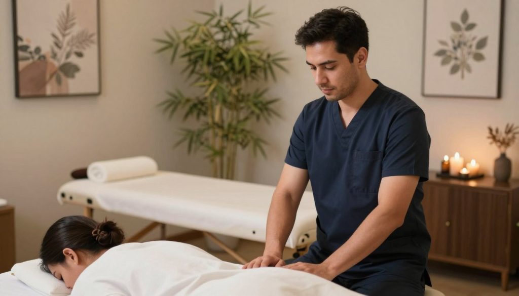 A professional male masseur in a modern massage therapy studio, showcasing key communication skills. In the foreground, the masseur is attentively listening to a client, embodying an empathetic and engaging demeanor. The middle ground features a serene massage table with soothing aromatherapy candles and a calm ambiance created by soft, diffused lighting. The background includes bamboo plants and calming artwork that reflects tranquility. The scene captures a warm, inviting atmosphere, emphasizing professionalism and care. The masseur is dressed in smart, modest attire, highlighting professionalism. The image reflects the branding of "Butik Masaj Akademi," creating an inspiring and informative setting for massage therapy expertise.
