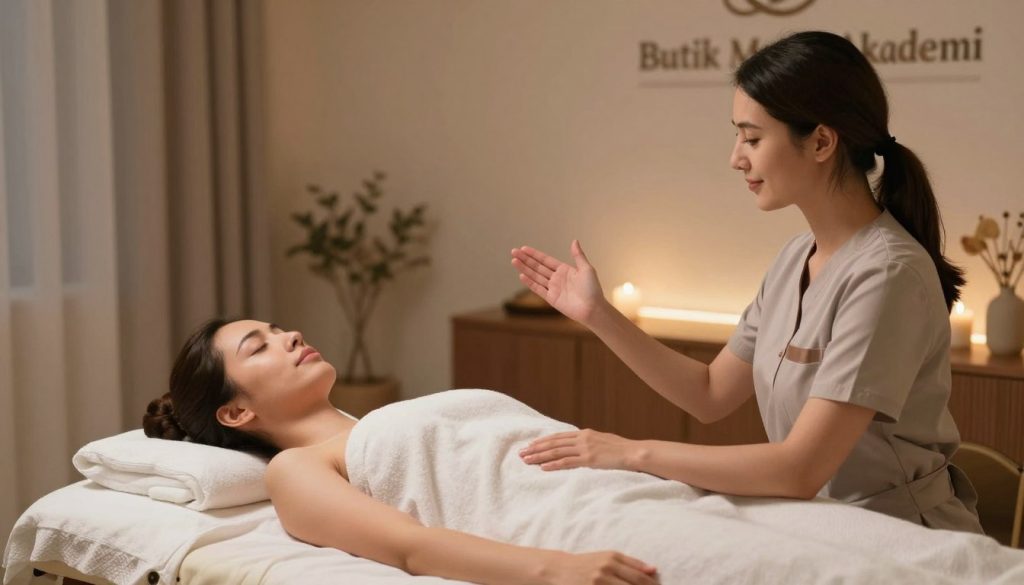 A professional massage therapist exemplifies effective communication and interaction skills in a serene therapy room. In the foreground, a therapist in professional attire is seen demonstrating active listening, maintaining eye contact, and showcasing a warm, inviting demeanor. In the middle ground, a client comfortably reclines on a massage table, appearing relaxed and at ease, reflecting trust in the therapist's expertise. The background features soft, ambient lighting with soothing earth tones, enhancing the calm atmosphere, complemented by soft textiles and calming decor. A subtle logo of "Butik Masaj Akademi" is displayed on a wall. The image captures a respectful, professional interaction that emphasizes the importance of communication in therapy settings, highlighting trust and empathy.