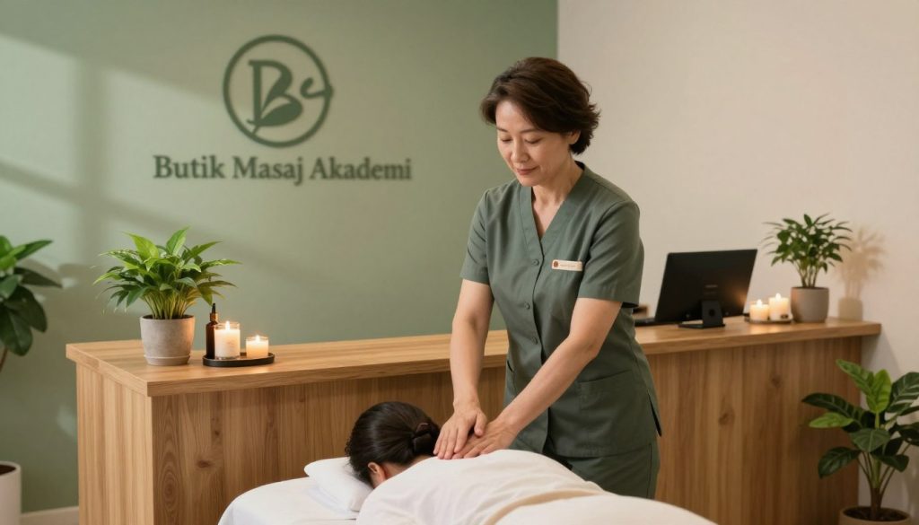 A professional massage therapist in a calming and serene reception area, warmly welcoming a client. The therapist, a middle-aged individual in smart business attire, stands beside an elegant wooden reception desk adorned with potted plants and softly scented candles. In the background, a soothing color palette of soft greens and beige creates a tranquil atmosphere. Soft diffused lighting casts gentle shadows, enhancing the relaxed mood. The scene captures a sense of professionalism and care, emphasizing client satisfaction. The logo of "Butik Masaj Akademi" subtly displayed on the reception desk enhances the professional setting. The angle is slightly above eye-level, providing a comprehensive view of the welcoming interaction while maintaining an inviting atmosphere.