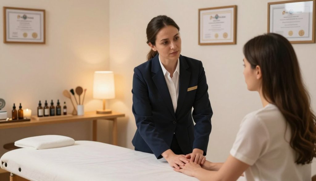 A professional massage therapist in a serene office setting, actively engaging in a consultation session with a client. The therapist is dressed in smart business attire, conveying professionalism and trustworthiness. In the foreground, a comfortable massage table is visible, alongside a display of various massage oils and tools, signifying preparation and care. The middle of the scene features the therapist leaning slightly forward, maintaining eye contact with the client, showing attentiveness and empathy. In the background, soft, warm lighting creates a calming atmosphere with framed certifications on the walls, hinting at expertise. The overall mood is focused and reassuring, emphasizing effective communication strategies. The logo "Butik Masaj Akademi" is subtly integrated into the environment, ensuring a cohesive representation of the massage therapy profession.